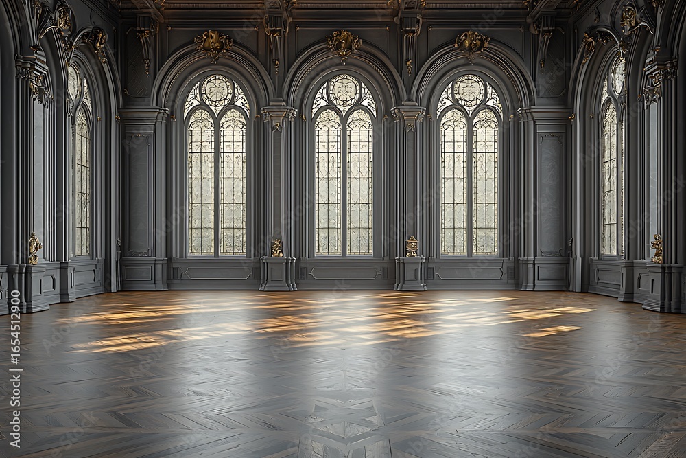 Obraz premium Grand, ornately decorated hall with large gothic style arched windows.