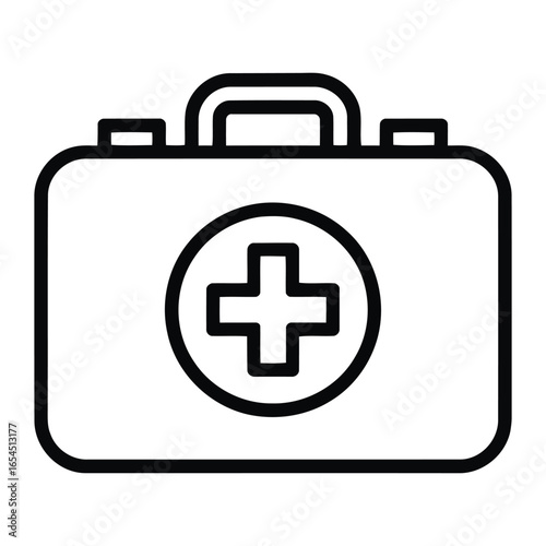 Simple outline icon of a medical first aid kit with a red cross symbol