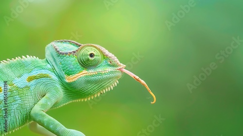 Green chameleon with tongue extended in lush greenery