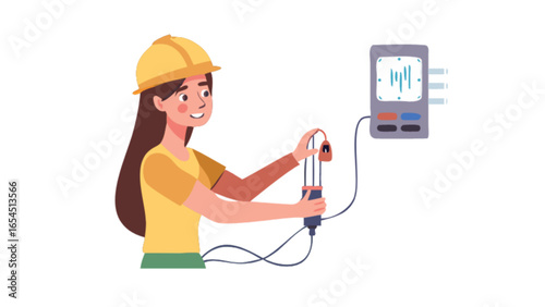 A woman in a hard hat working with electrical equipment connected to a device on the wall in a lab