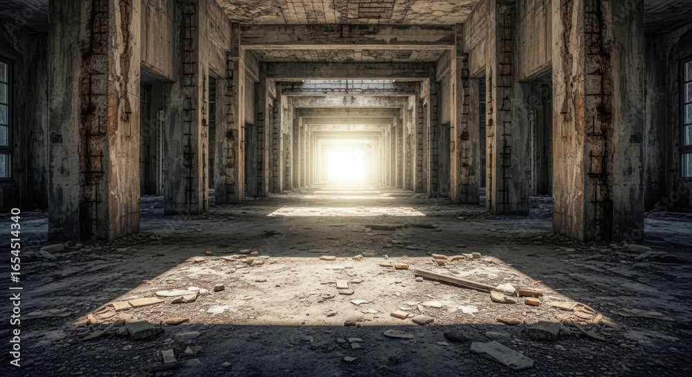 Obraz premium Sunlight illuminates the end of a crumbling abandoned building hallway