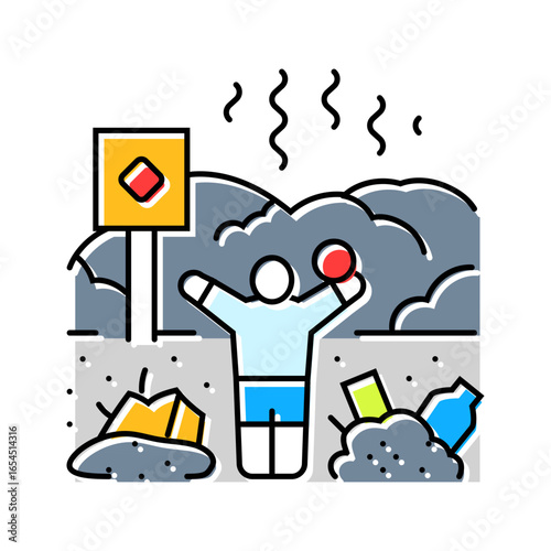 child playing near toxic waste dump chemical pollution color icon vector illustration