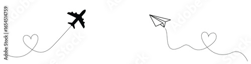 black silhouette of an airplane and a paper airplane flying, each leaving a dotted line in the shape of a heart
