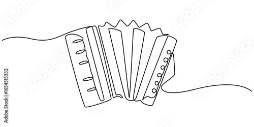 A single line drawing of a accordion. Continuous line piano accordion icon, One continuous line drawing of musical instrument accordion isolated on white background with place for text. Hand drawn. 