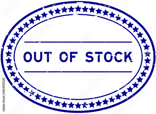 Grunge blue out of stock word oval rubber seal stamp on white background