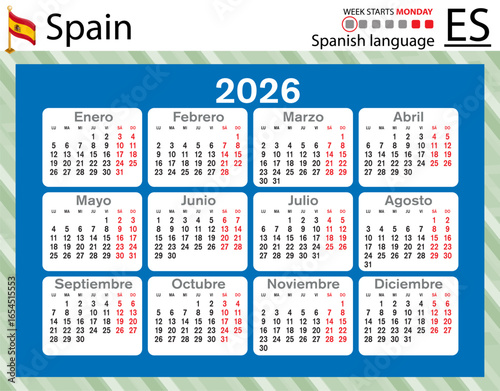 Spanish horizontal Pocket calendars for 2026. Week starts Monday