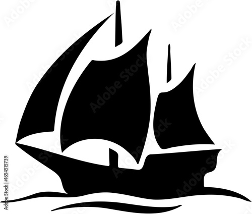 A minimalist black vector illustration of a traditional sailing ship with multiple sails. The design is simple yet elegant, suitable for logos, tattoos, or decorative artwork.