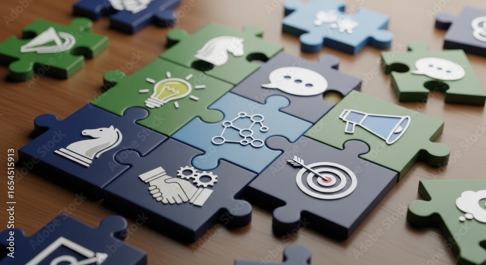 Fototapeta premium Assembled Puzzle Pieces Representing Business Strategy, Communication, and Teamwork