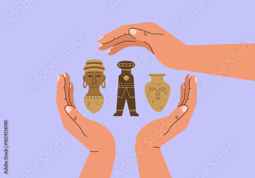 Preserving History Hands Protect Ancient Artifacts with Care and Respect in a Gentle Illustration