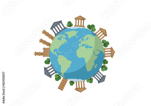 Global Culture & Education Earth encircled by diverse academic and historical buildings, representing worldwide knowledge, shared wisdom, and interconnected human civilization.