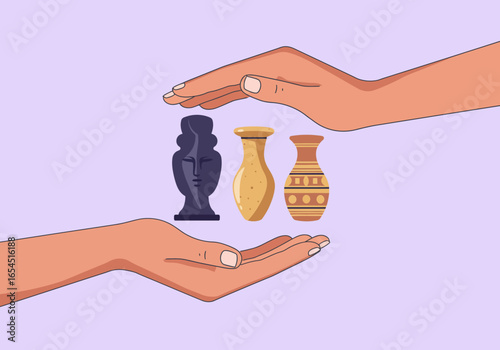 Carefully Preserved Ancient Artifacts Hands Guarding Cultural Treasures and Vases with Protective Gestures