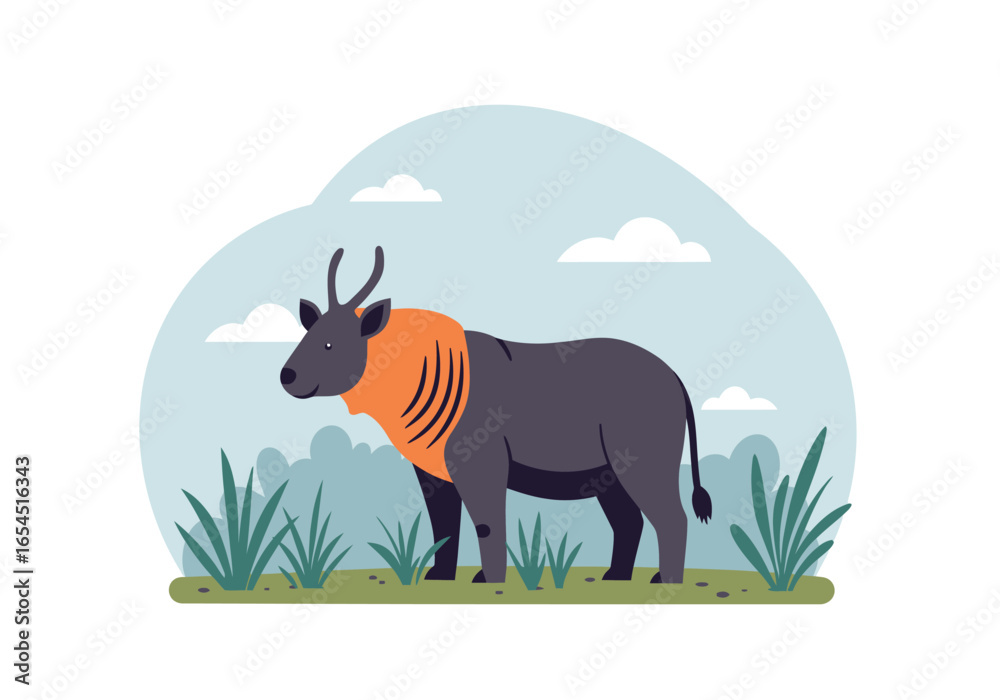 Fototapeta premium Illustration of a majestic wildebeest standing in a grassy field with a cloudy sky, showcasing its unique features and wild habitat, a serene wildlife scene