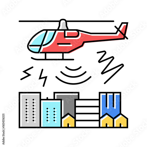 helicopter flying overhead sound waves radiating color icon vector illustration