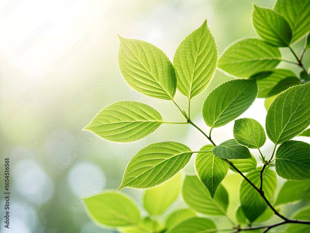 Fototapeta premium Vibrant green leaves illuminated by soft sunlight nature fresh