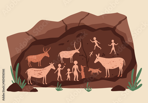 Ancient cave painting artwork depicting prehistoric life animals, humans, and their environment, a glimpse into the past and art.