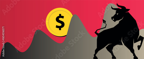 Crypto Up Vector Illustration with Bull. Digital Currency Growth and Bull Market Concept. Bull Market Crypto Vector Image, Rising Up Trend Bull Graphic. Upward Growth. Blockchain and Finance Market