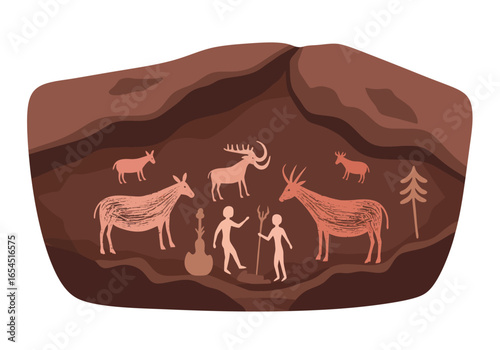 Stone Age rock and roll band. Funny cartoon illustration of cavemen musicians with ancient animal petroglyphs on a cave wall.