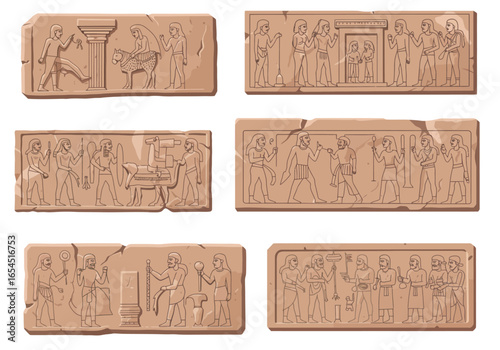 Ancient Stone Reliefs Collection Detailed vector illustrations depicting historical, mythological, and daily life scenes, showcasing the rich cultural heritage and art of ancient civilizations.
