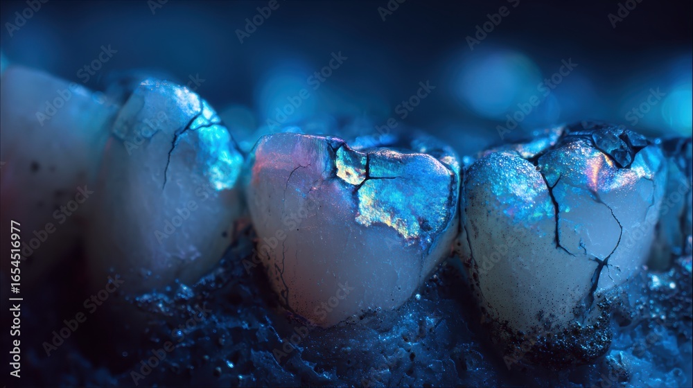Fototapeta premium Tooth surface with iridescent crack patterns for dental technology demonstrations