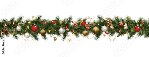 Seamless decorative christmas border with coniferous branches and garlands on transparent background, cutout