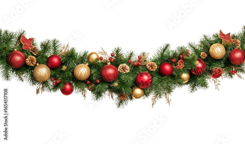 Seamless decorative christmas border with coniferous branches and garlands on transparent background, cutout