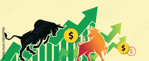 Crypto Up Vector Illustration with Bull. Digital Currency Growth and Bull Market Concept. Bull Market Crypto Vector Image, Rising Up Trend Bull Graphic. Upward Growth. Blockchain and Finance Market