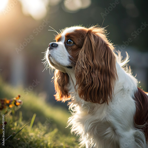 Cavalier King Charles Spaniel, Cavalier King Charles Spaniel dog, sunlight falling on him making him more visible and attractive, close-up shot, isolated natural background