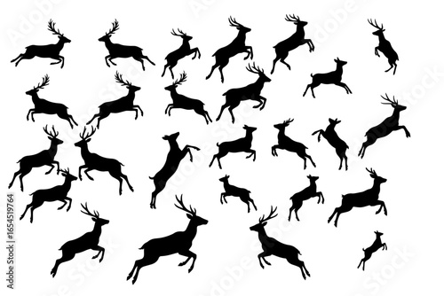 deers playing, jumping, running silhouette