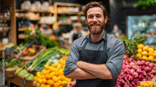 Smiling grocery store employee standing confidently among fresh produce