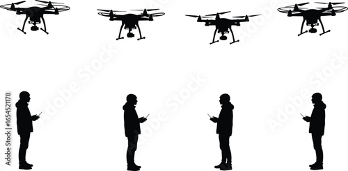Silhouettes of drone operators flying quadcopters, remote control technology, aerial photography concept, team coordination, unmanned aircraft flight scene.