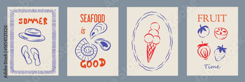 Summer Italy la dolce vita vintage posters. Amalfi or Sicily of postage stamps with image of Italian Mediterranean oyster, shell, ice cream wall decor. Vector illustration ink doodle sketch style