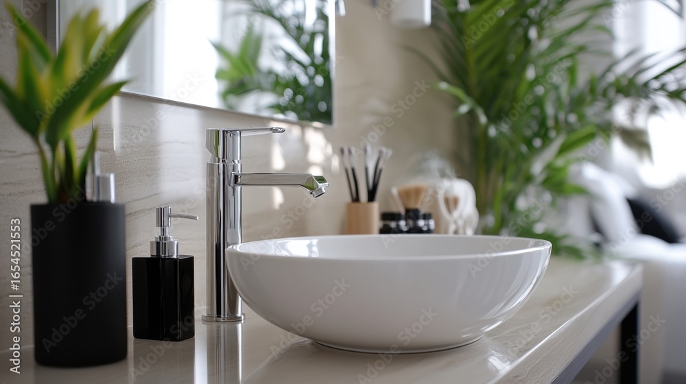 Fototapeta premium Modern bathroom vanity with plants and white vessel sink in contemporary setting. Contact Lens Safety Month