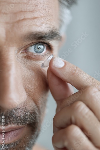 Mature caucasian male applying contact lens close-up. Contact Lens Safety Month
