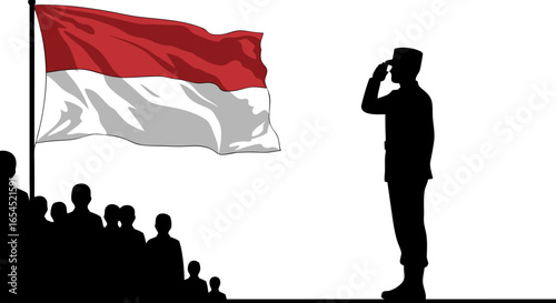 Vector illustration of a man saluting the Indonesian flag on independence day with a crowd in the background.