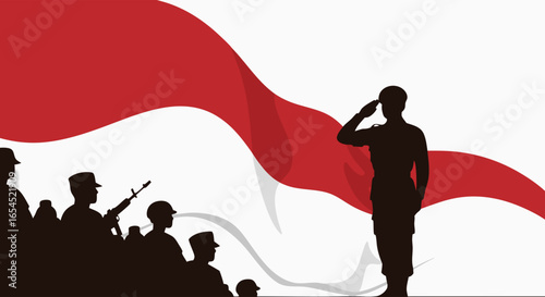 Vector illustration of Indonesian soldiers saluting against a waving Indonesian flag; a patriotic graphic design in red and white, depicting Indonesia's Independence Day