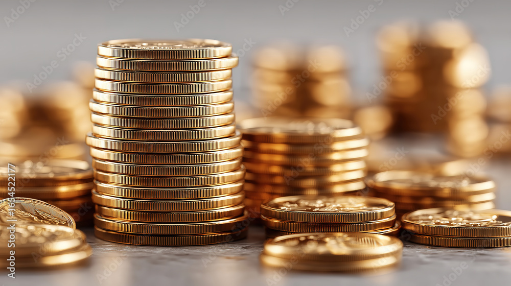 Stacked gold coins symbolizing investment profit financial growth and corporate economy savings Stacked gold coins symbolizing investment profit financial growth and corporate economy savings