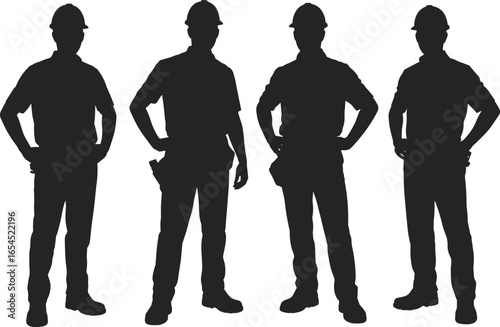 Construction worker silhouettes, standing pose, hard hat safety gear, black vector illustration, labor force, industrial team, isolated on white background