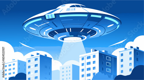 Vector illustration of UFO spaceship hovering above modern city with bright light beam in night sky