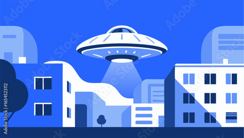 Futuristic alien UFO flying saucer over city skyline with glowing abduction light