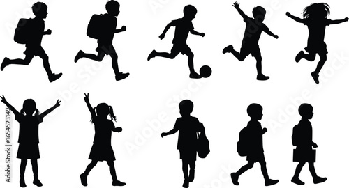 Silhouettes of happy children running, jumping, playing soccer, walking to school with backpacks, joyful kids outdoor activity, childhood fun