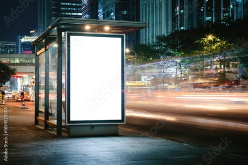 Empty digital billboard on a city bus stop at night.  Busy urban street with blurred motion of vehicles