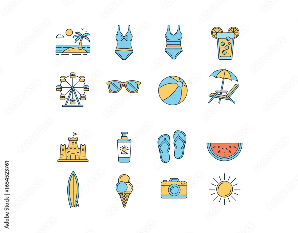 Fototapeta premium Collection of 15 summer-themed line icons featuring beach vacation, swimsuit, lemonade, ferris wheel, sunglasses, beach ball, sunscreen, beach chair, and watermelon