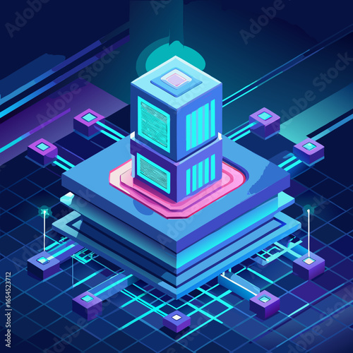 Futuristic digital AI hologram chip, isometric floating semiconductor technology illustration.