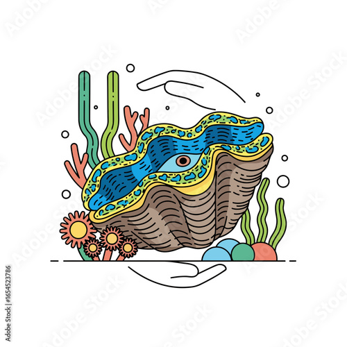 A professional vector art of a giant clam. Its modern, minimalist design, surrounded by protective hands and marine flora, makes a powerful statement on marine conservation
