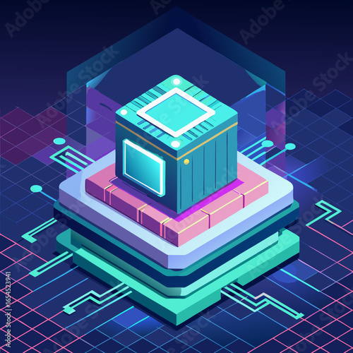 Abstract glowing AI chip hologram, isometric digital semiconductor board, technology vector illustration.