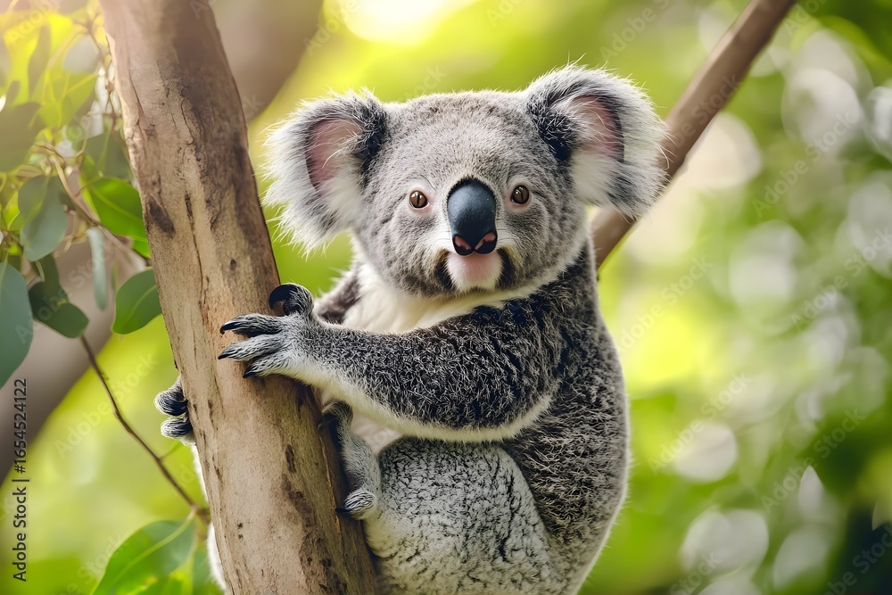 Fototapeta premium Gray koala clinging to tree branch in bright sunlight.