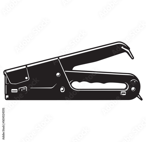 A black and white illustration of a construction staple gun isolated on white