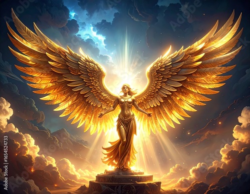 Golden angel statue with large wings, dramatic lighting, dark cloudy sky, detailed digital illustration.