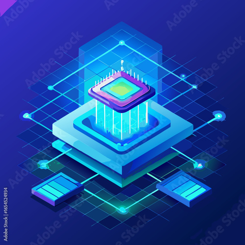 Futuristic AI holographic icon, isometric semiconductor processor, glowing light blue background.