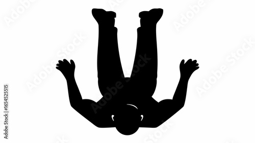 Silhouette of a person falling upside down with arms raised and legs pointing upward in a black and white image